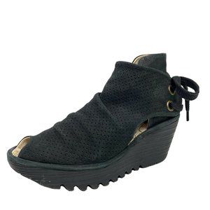 Fly London Black Suede Yema Open Toe Wedge Bootie